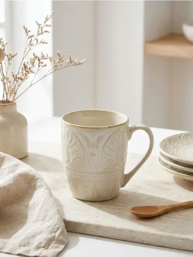Tazza in ceramica con motivo in rilievo - panna