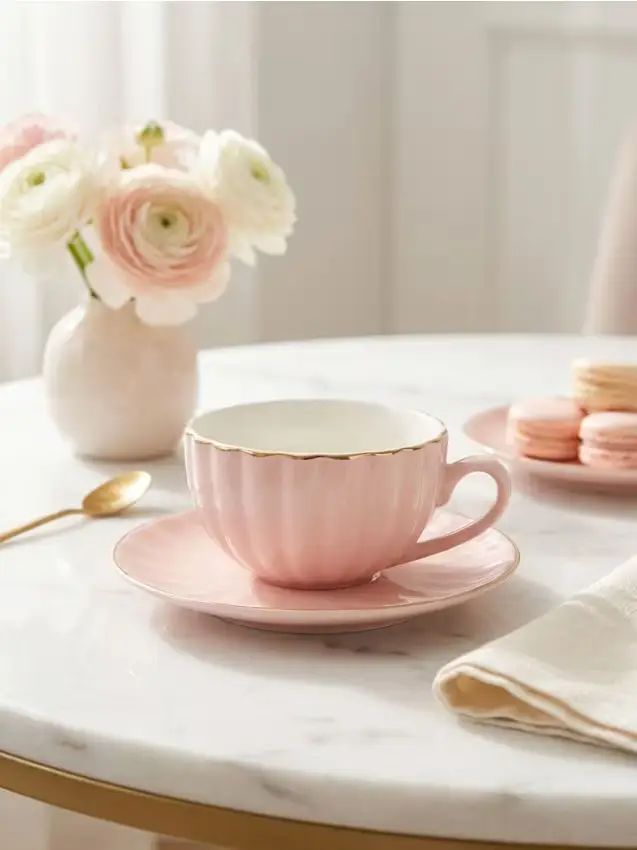 Tazza in ceramica con piattino con bordo dorato decorativo - rosa pastello