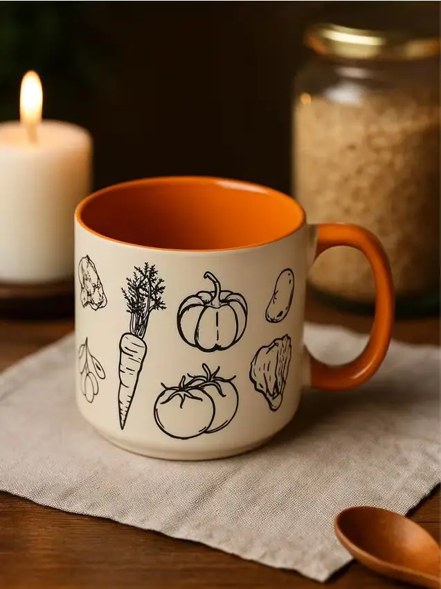 Tazza in gres con stampa di verdure - bianco