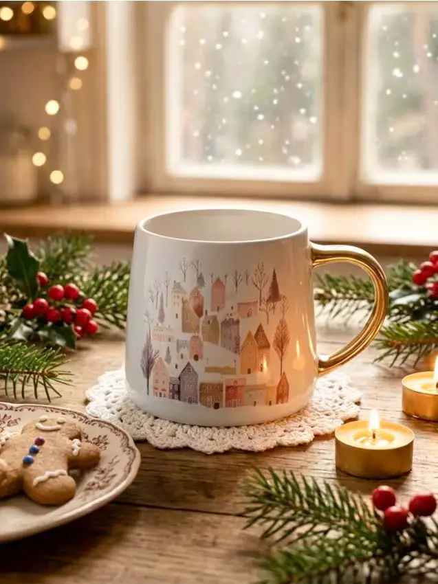 Tazza in gres invernale con motivo di casette e manico dorato - bianco