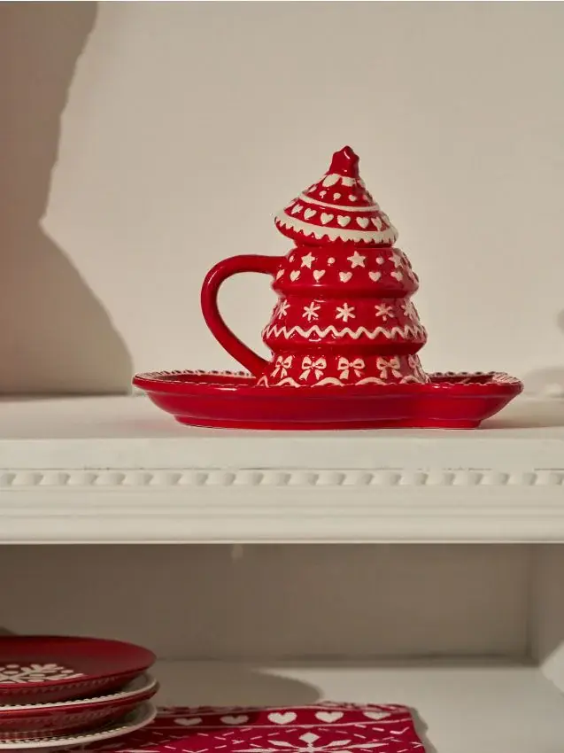 Tazza natalizia a forma di albero di Natale con coperchio - rosso