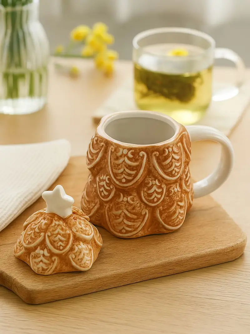 Tazza natalizia in ceramica a forma di albero di Natale con coperchio - multicolor miniatura 2