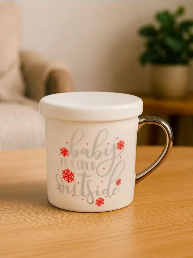 Tazza natalizia in ceramica con coperchio e manico lucido - argento