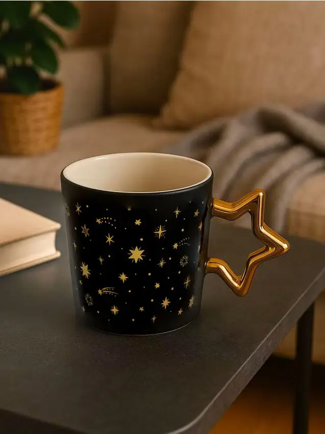 Tazza natalizia in ceramica con manico dorato a forma di stella - bianco