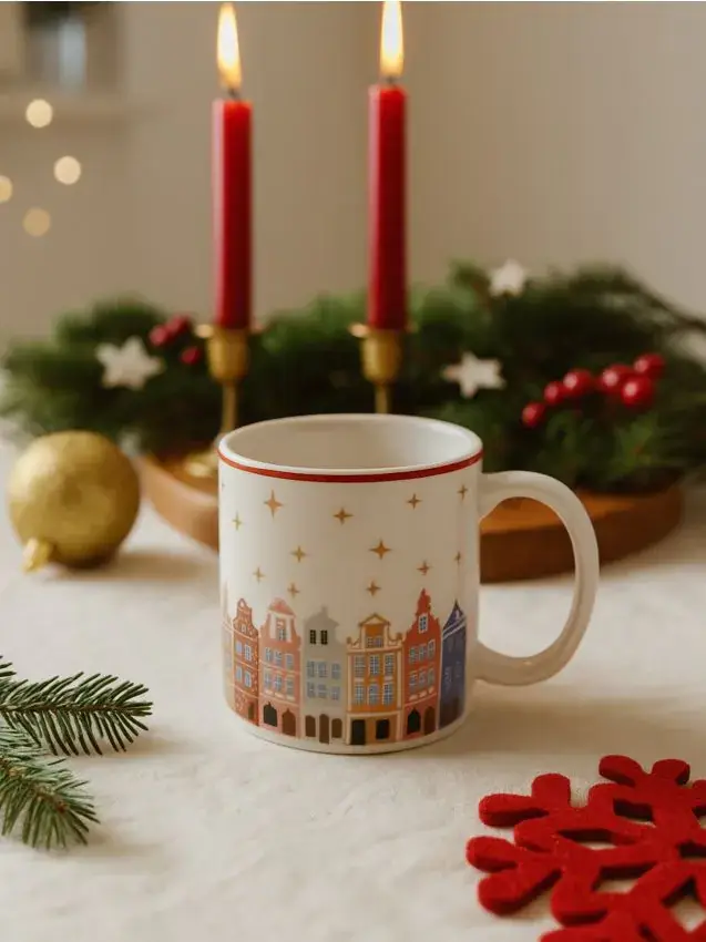 Tazza natalizia in ceramica con motivo di case colorate - multicolor