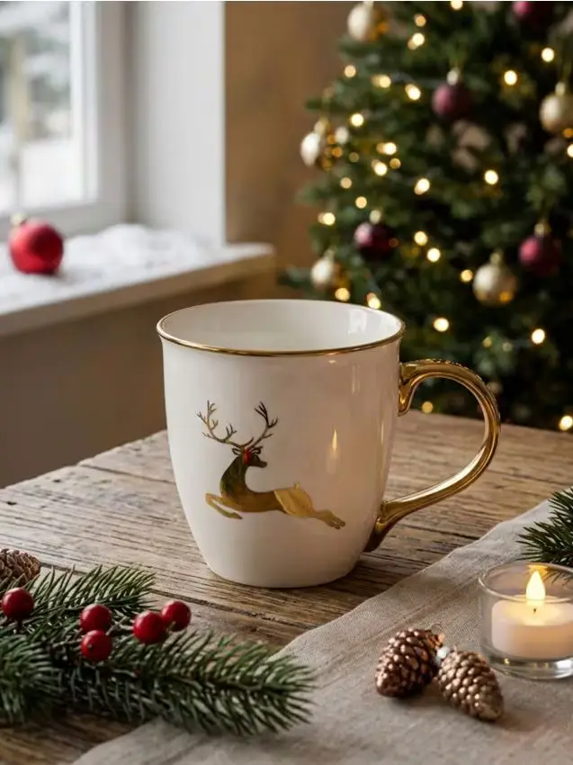 Tazza natalizia in ceramica con motivo di cervo e dettagli lucenti - oro