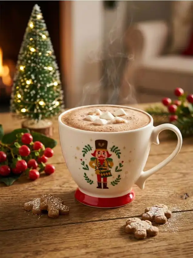 Tazza natalizia in ceramica con motivo Schiaccianoci - bianco