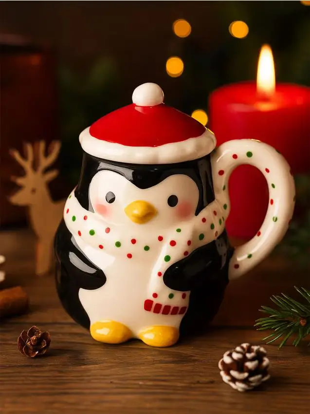 Tazza natalizia in dolomite con coperchio a forma di pinguino - nero