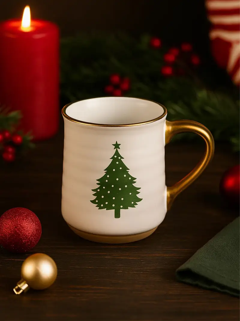 Tazza natalizia in gres con dettagli dorati e motivo di albero di Natale - bianco miniatura 2