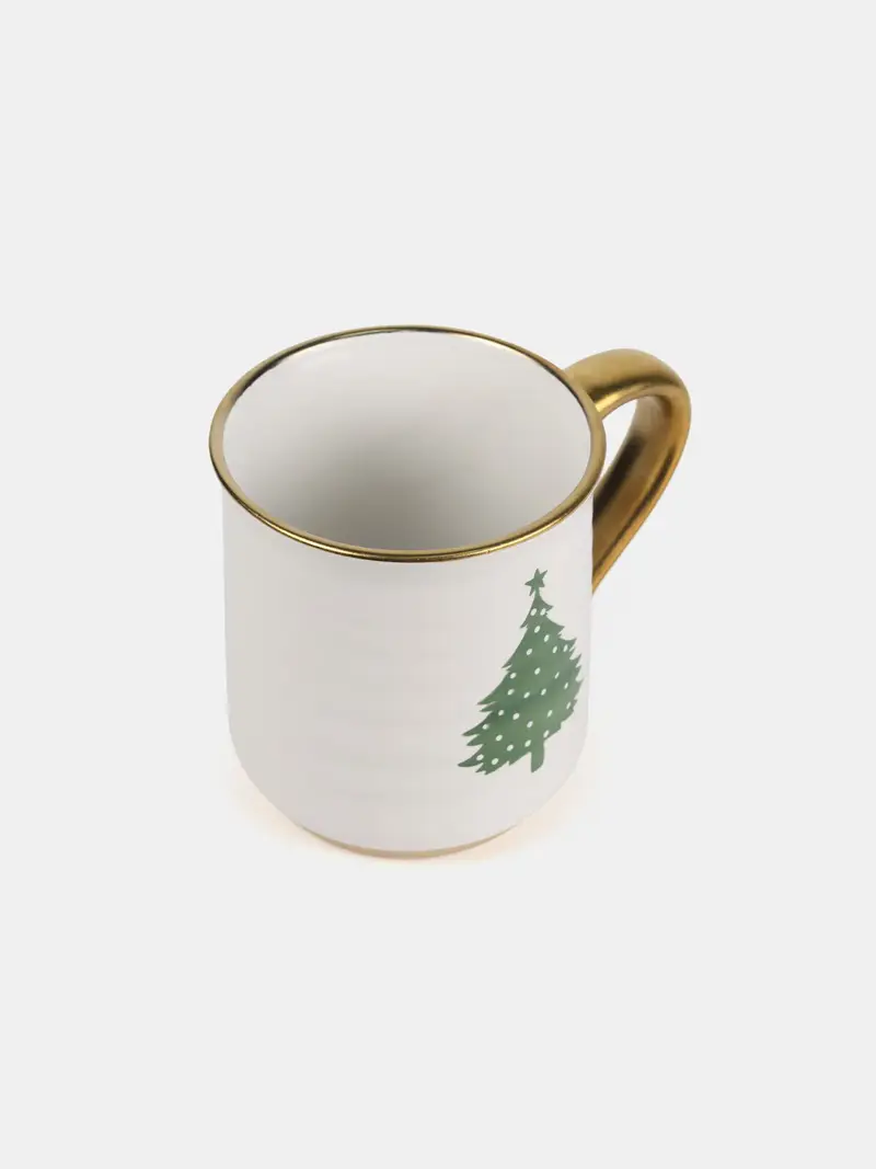 Tazza natalizia in gres con dettagli dorati e motivo di albero di Natale - bianco miniatura 3