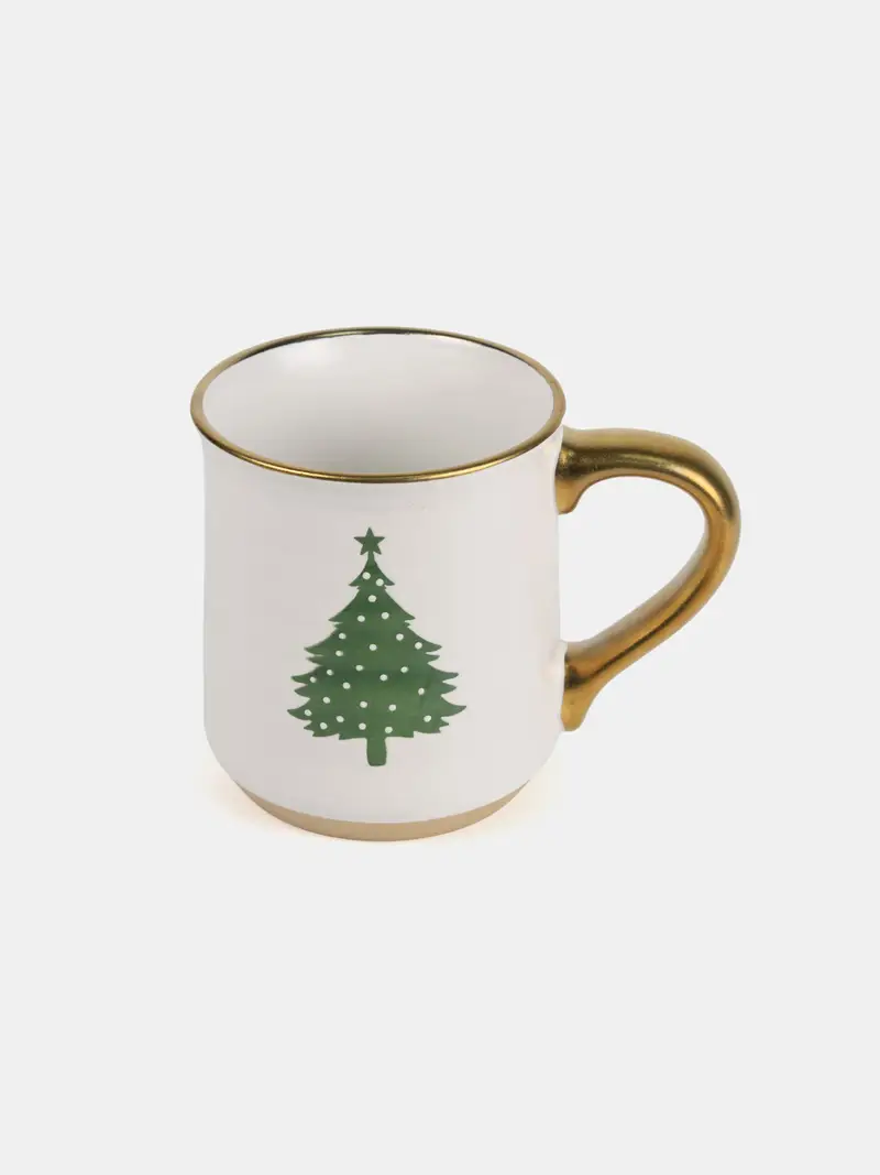 Tazza natalizia in gres con dettagli dorati e motivo di albero di Natale - bianco miniatura 4
