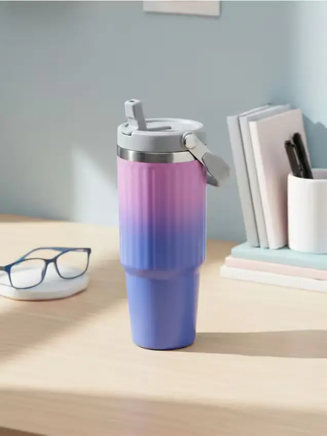 Tazza termica con manico e cannuccia con effetto ombre - multicolor