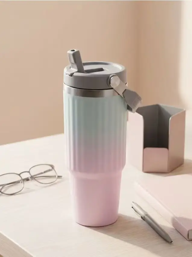 Tazza termica con manico e cannuccia con effetto ombre - rosa