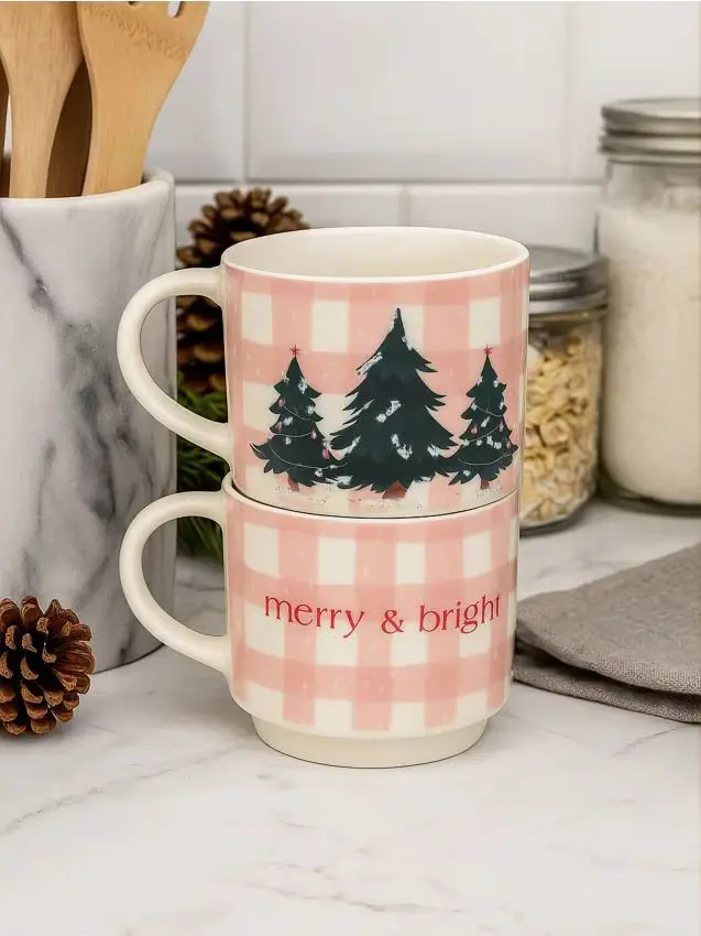 Tazze con motivo natalizio - confezione da 2 - rosa pastello