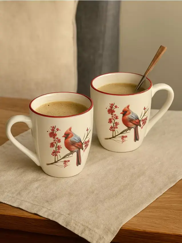 Tazze in ceramica con stampa di uccelli invernali 2 pack - rosso