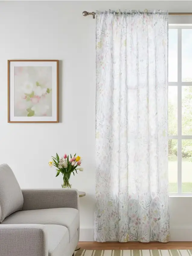 Tenda con motivo floreale e fascia per arricciare - verde chiaro