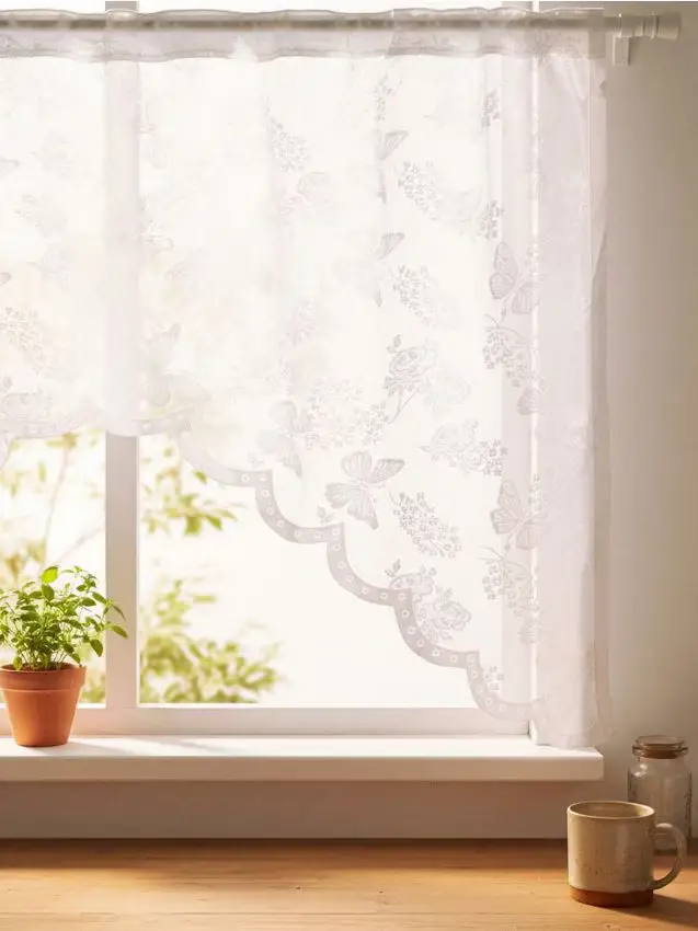 Tendina scintillante con bordo irregolare e motivo floreale - bianco