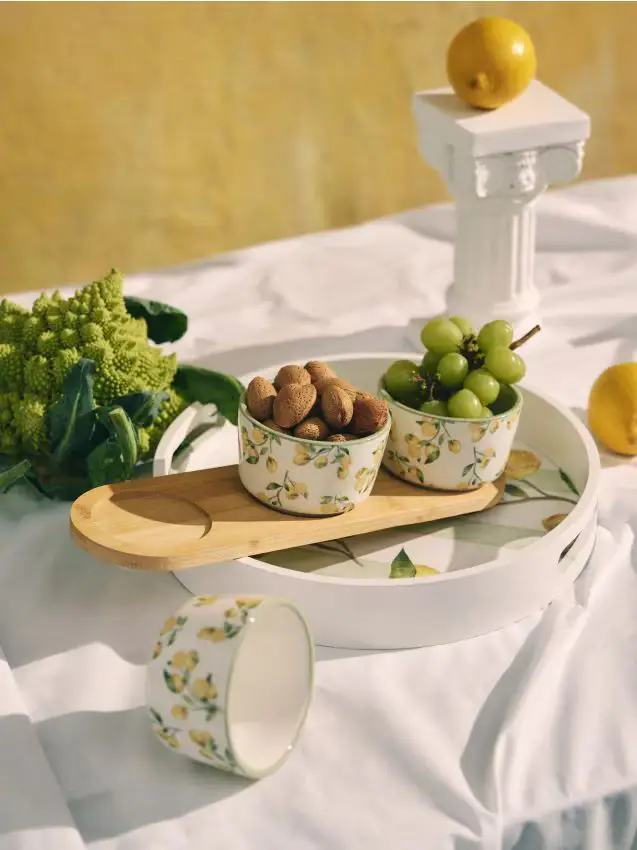 Vassoio da portata con tre ciotoline e motivo di limoni - multicolor