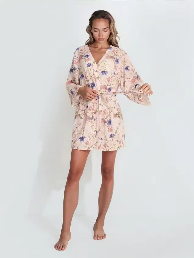 Vestaglia in viscosa con motivo floreale e cintura - rosa