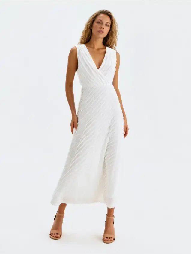 Vestito midi con dettagli a volant - panna