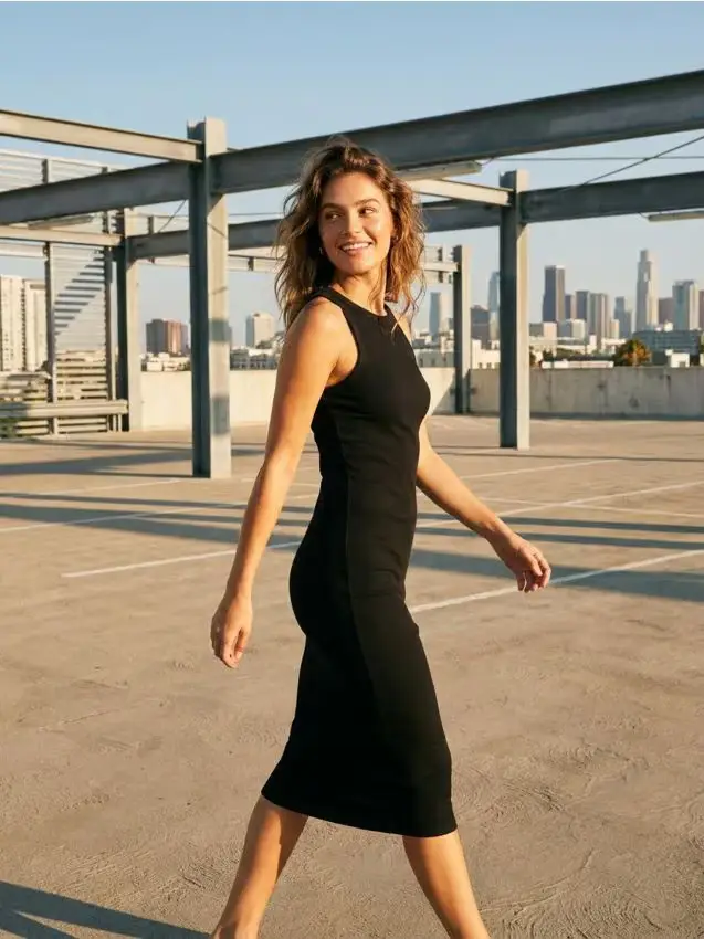 Vestito midi in cotone a coste senza maniche - nero