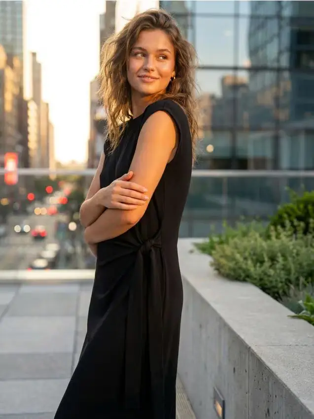 Vestito midi in cotone con fiocco decorativo e spacco - nero