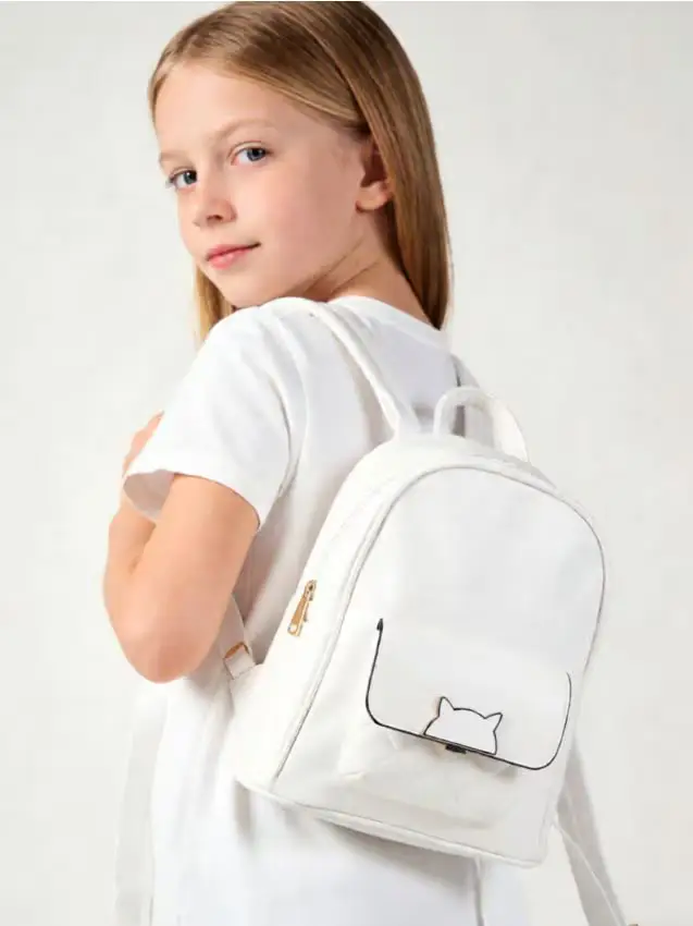 Zaino in similpelle con motivo gatto - panna