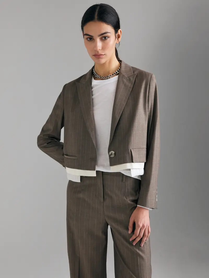 Blazer Cropped A Righe, Donna, Marrone miniatura 3