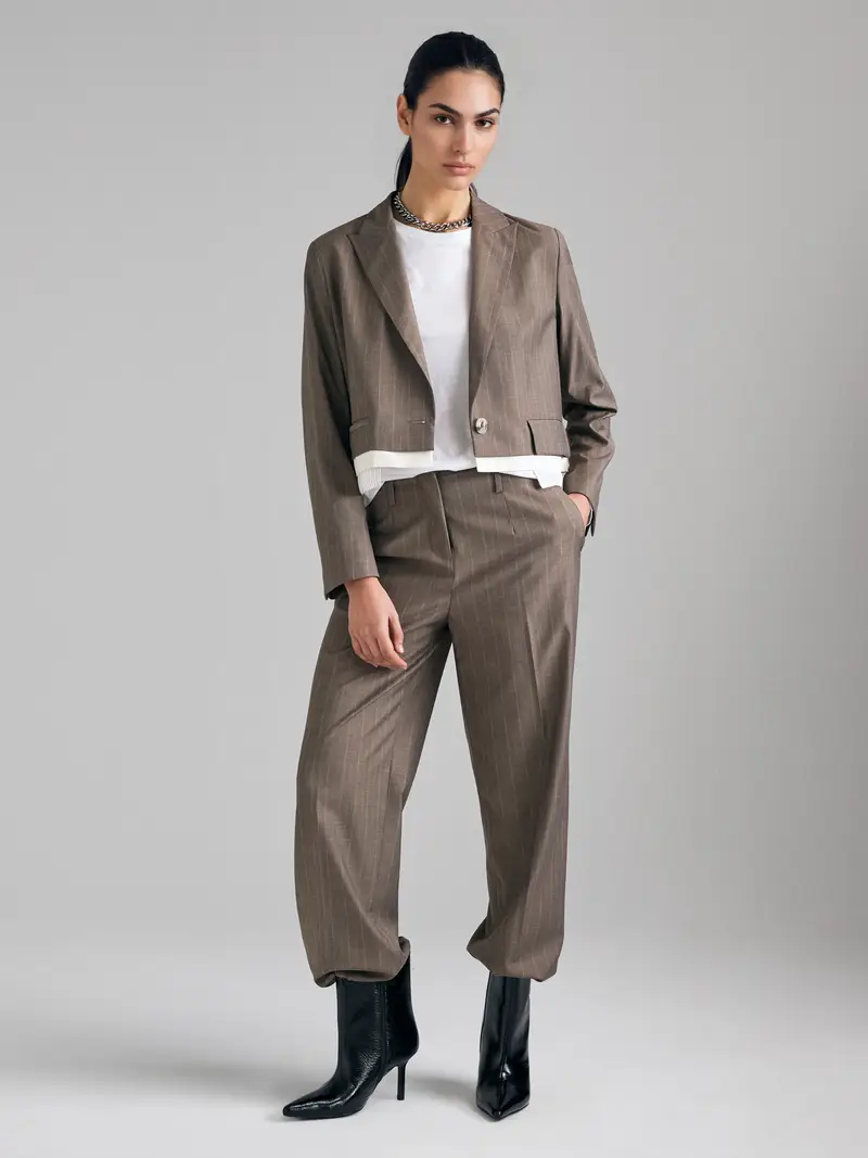 Blazer Cropped A Righe, Donna, Marrone