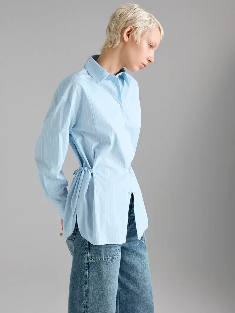 Camicia A Righe Con Laccetti, Donna, Blu Chiaro miniatura 3