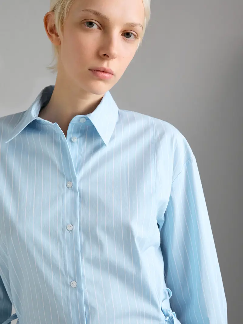 Camicia A Righe Con Laccetti, Donna, Blu Chiaro miniatura 4