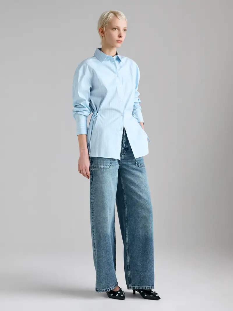 Camicia A Righe Con Laccetti, Donna, Blu Chiaro