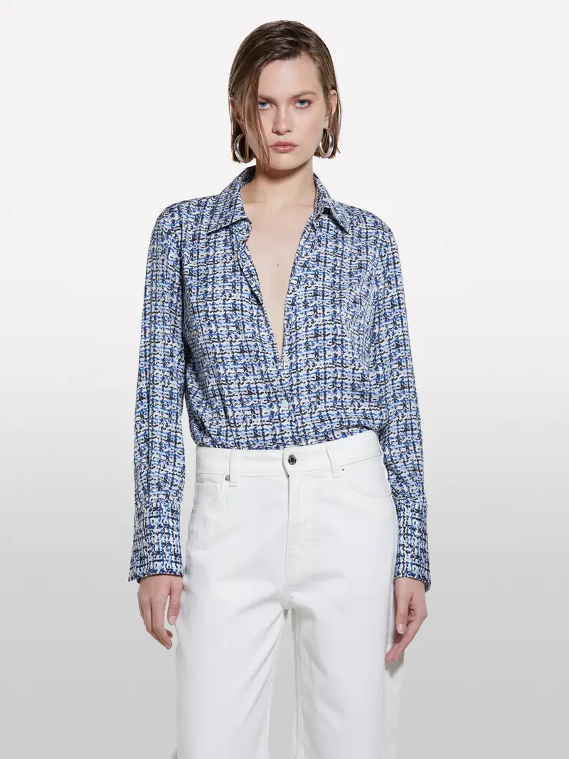 Camicia Blu In Satin Stampato, Donna, Blu miniatura 4