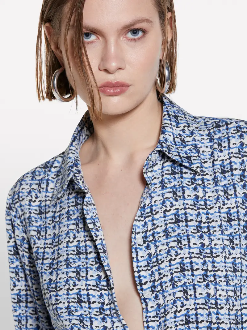 Camicia Blu In Satin Stampato, Donna, Blu miniatura 5