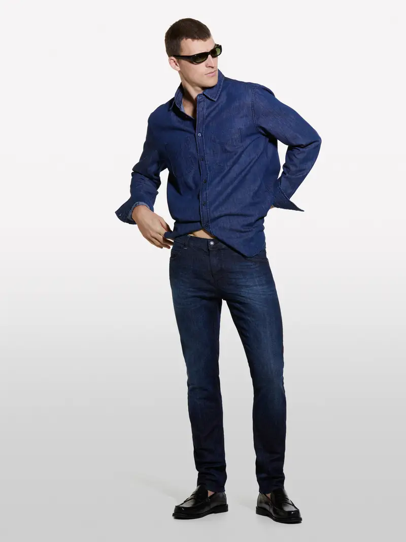 Camicia Di Jeans Blu Scuro Regular Fit, Uomo, Blu Scuro