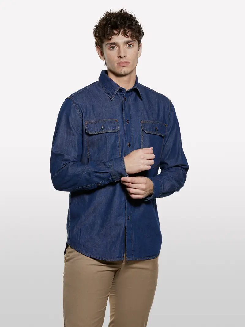 Camicia Di Jeans Regular Fit, Uomo, Blu Scuro miniatura 3
