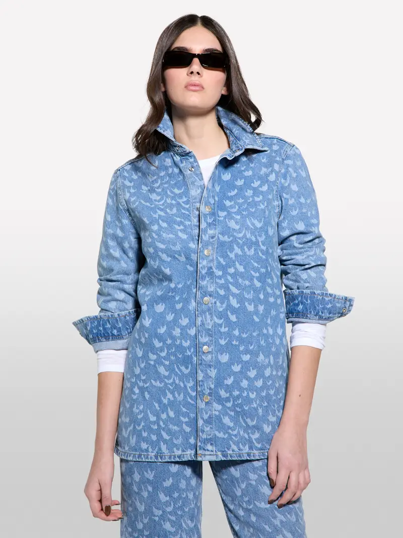 Camicia Di Jeans Stampata, Donna, Blu Chiaro miniatura 4