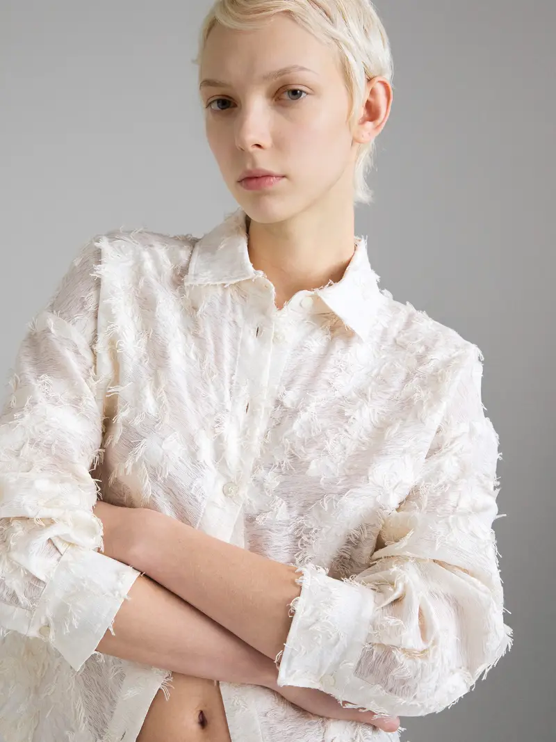 Camicia Jacquard, Donna, Bianco Panna miniatura 4