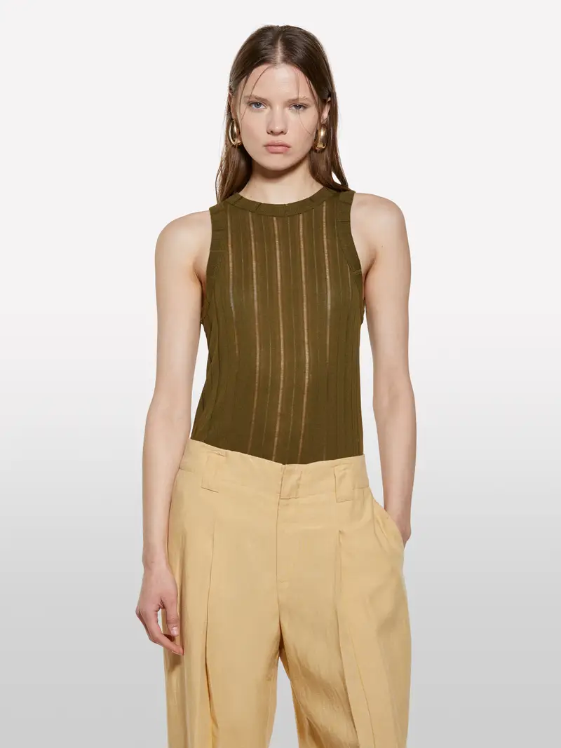 Canotta Verde Militare Slim Fit A Costine, Donna, Verde Militare miniatura 4