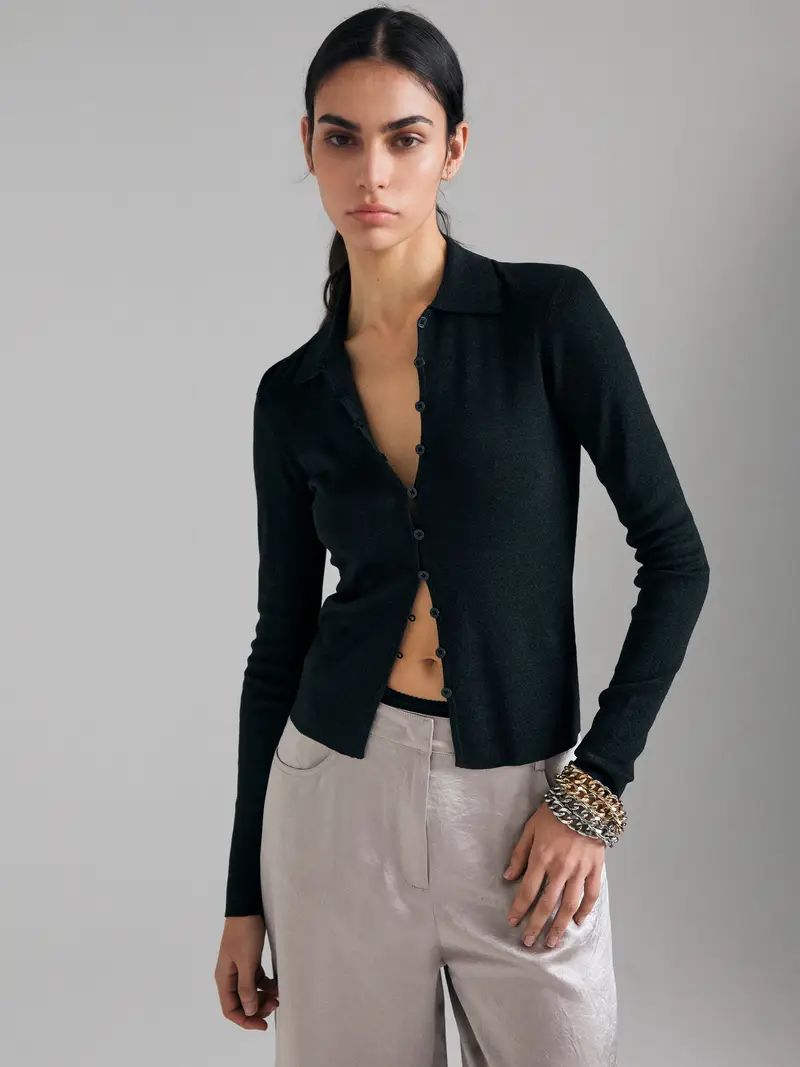 Cardigan Con Colletto, Donna, Nero miniatura 3