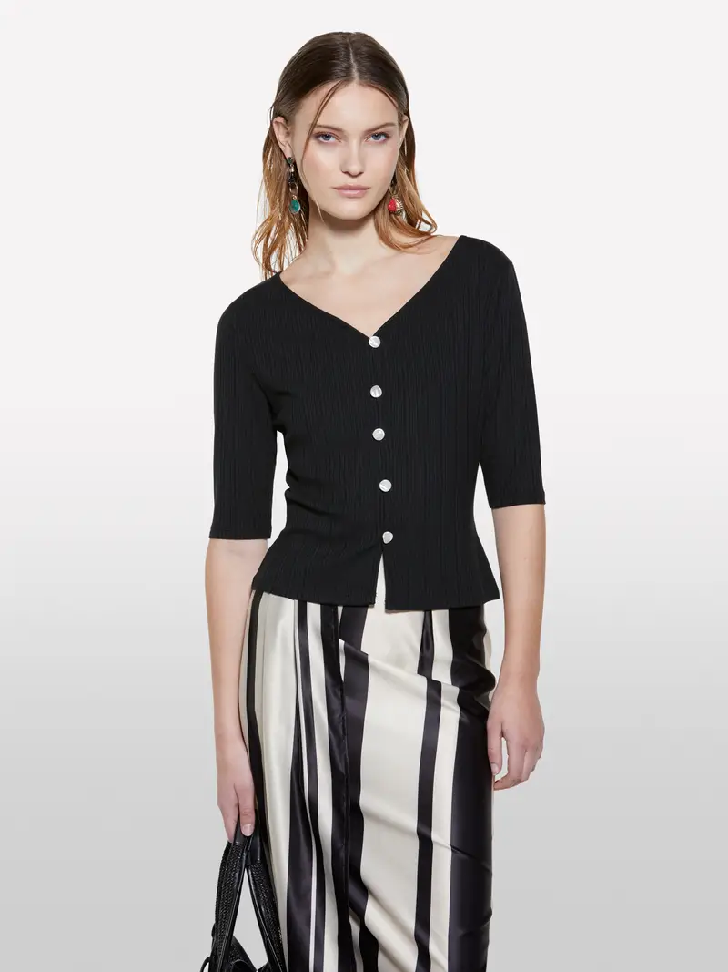 Cardigan Slim Fit Nero A Costine, Donna, Nero miniatura 4