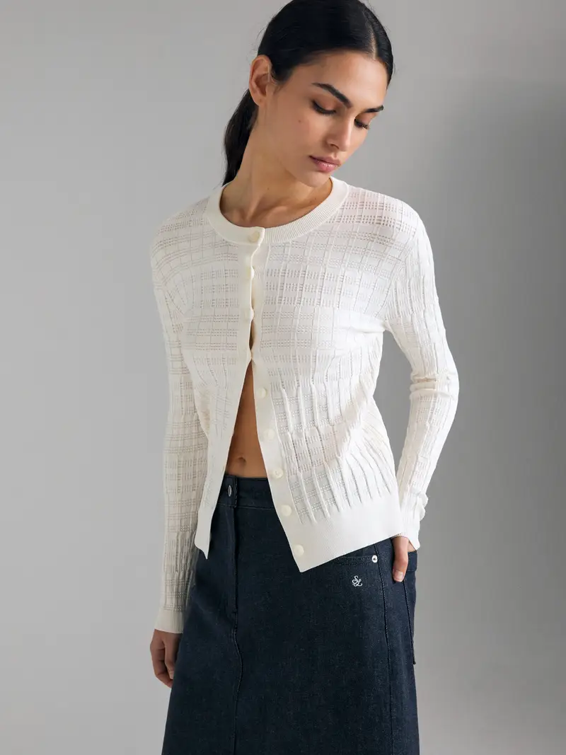 Cardigan Texturizzato, Donna, Bianco Panna miniatura 3