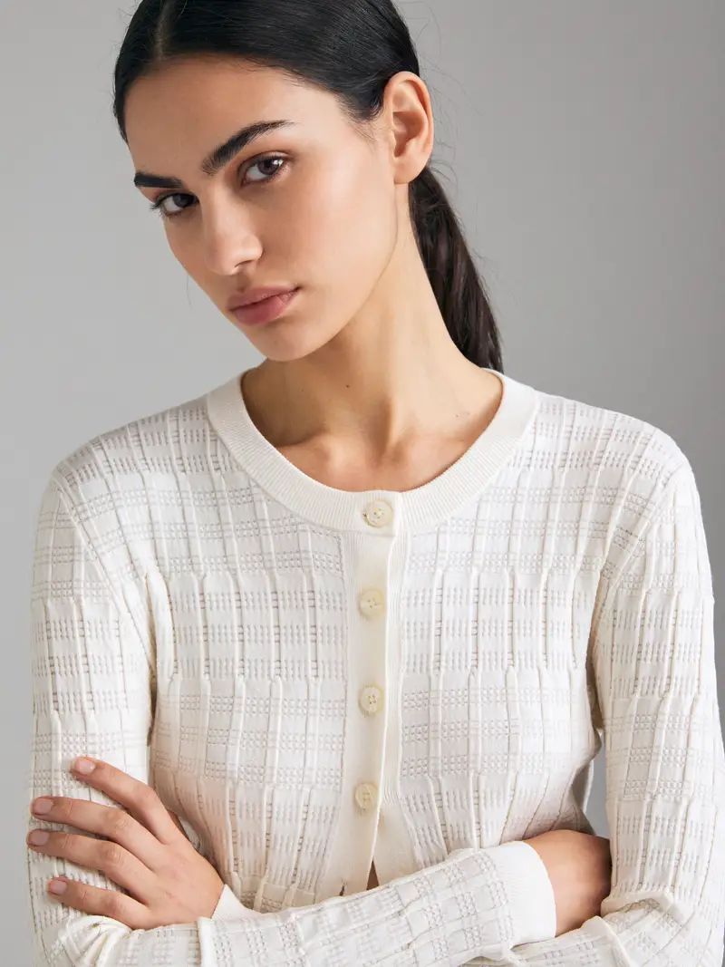 Cardigan Texturizzato, Donna, Bianco Panna miniatura 4