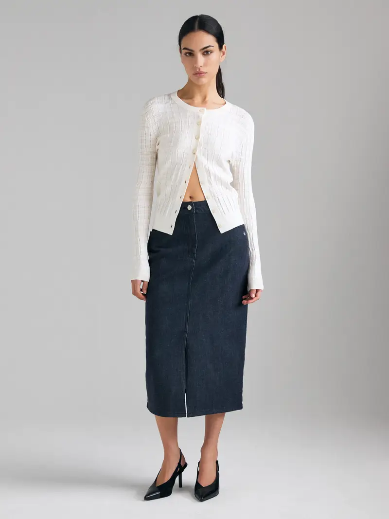 Cardigan Texturizzato, Donna, Bianco Panna