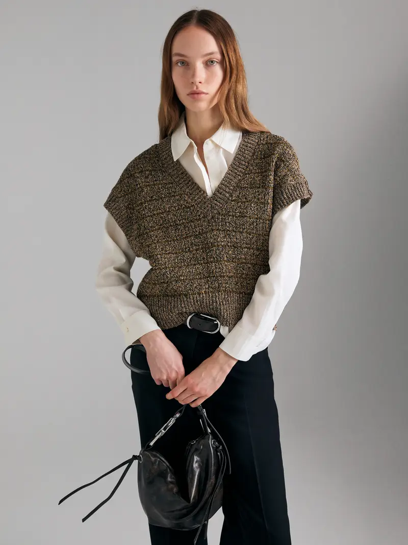 Gilet In Maglia Mouliné, Donna, Verde Militare miniatura 3