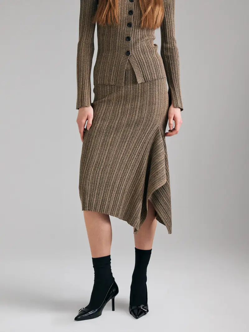 Gonna A Costine Con Drappeggio, Donna, Verde Militare miniatura 3