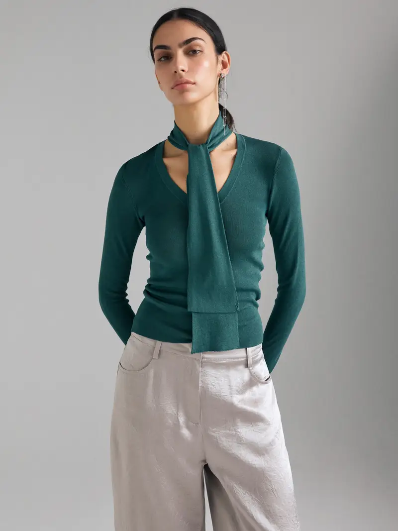 Maglia Con Sciarpetta, Donna, Verde Ottanio miniatura 3