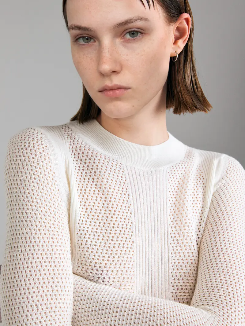 Maglia Lavorata, Donna, Bianco Panna miniatura 4