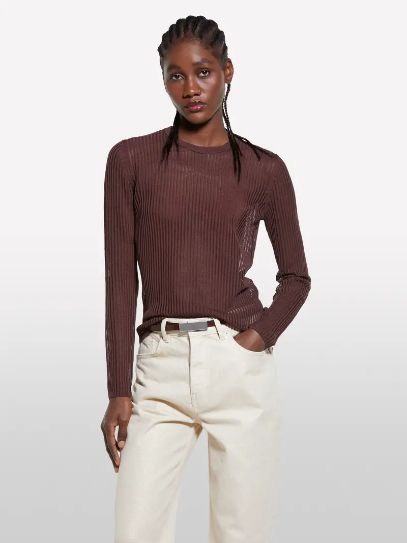 Maglia Marrone Semi Trasparente, Donna, Marrone Scuro miniatura 4