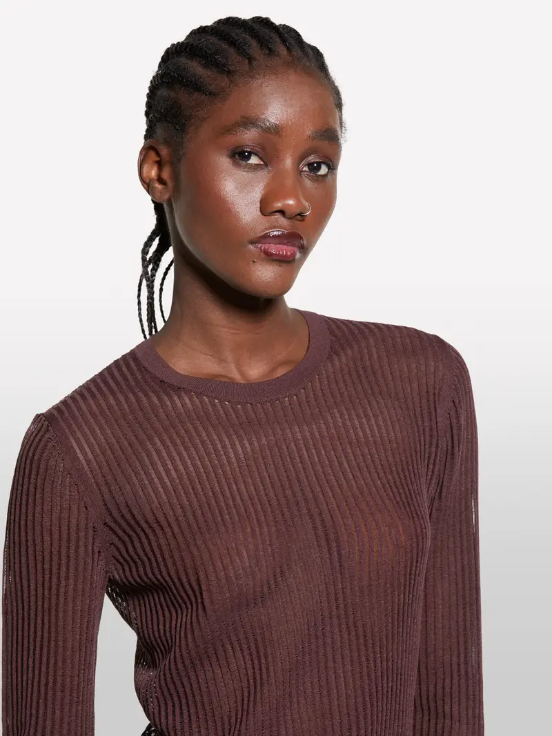 Maglia Marrone Semi Trasparente, Donna, Marrone Scuro miniatura 5